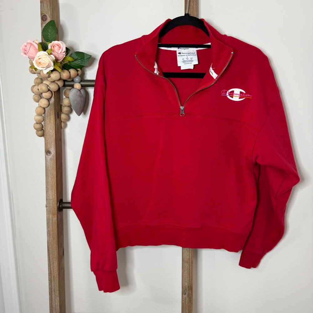 Champion Red Quarter Zip Sweatshirt Logo Athletic Pullover Top Women Small